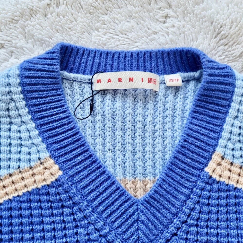 Marni x Uniqlo Popcorn Knitted Long Sleeve V Neck Sweater Sz XS - Picture 8 of 13